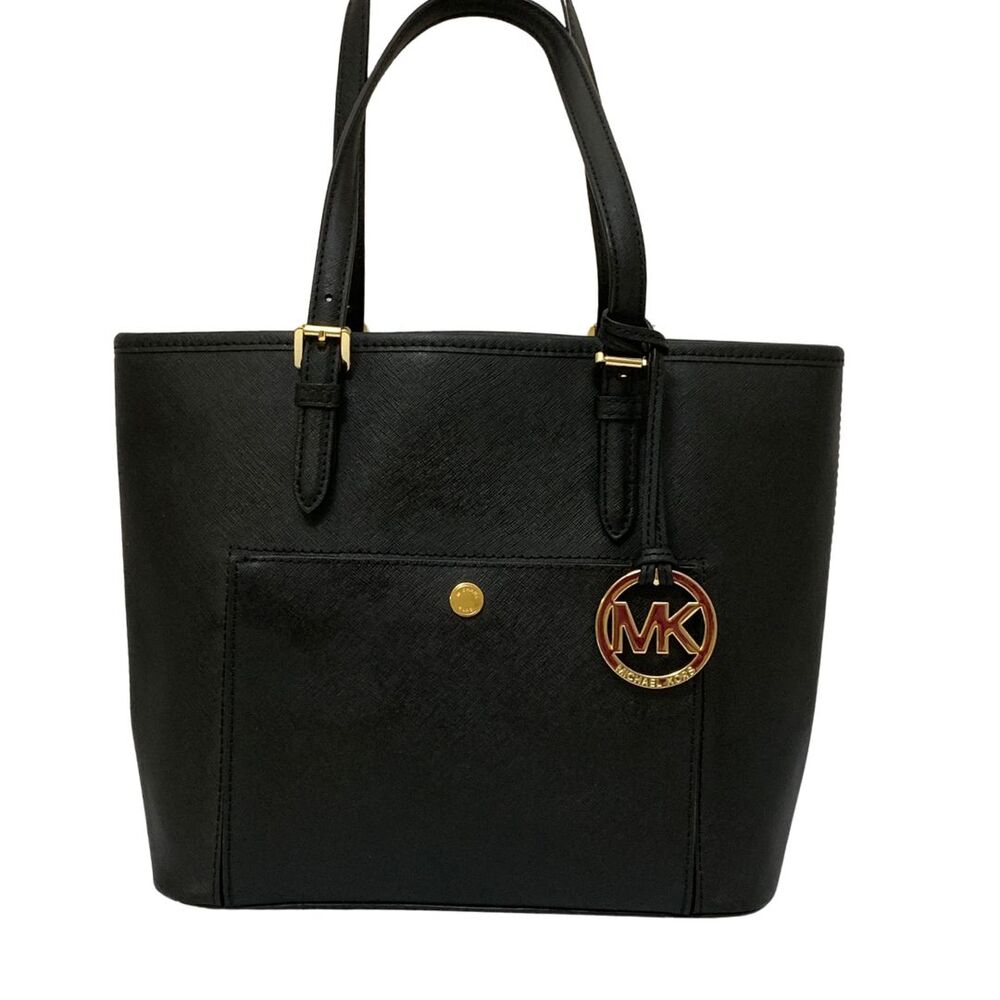 Michael Kors Black Saffiano Leather Tote Bag Gold Tone MK Charm Medium - Picture 13 of 13